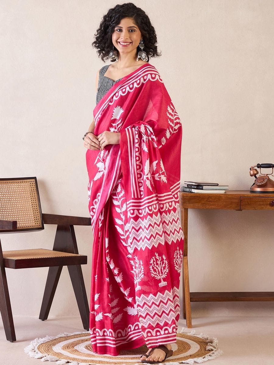 Pink Colour Mul Cotton Ready To Wear Saree With Pocket