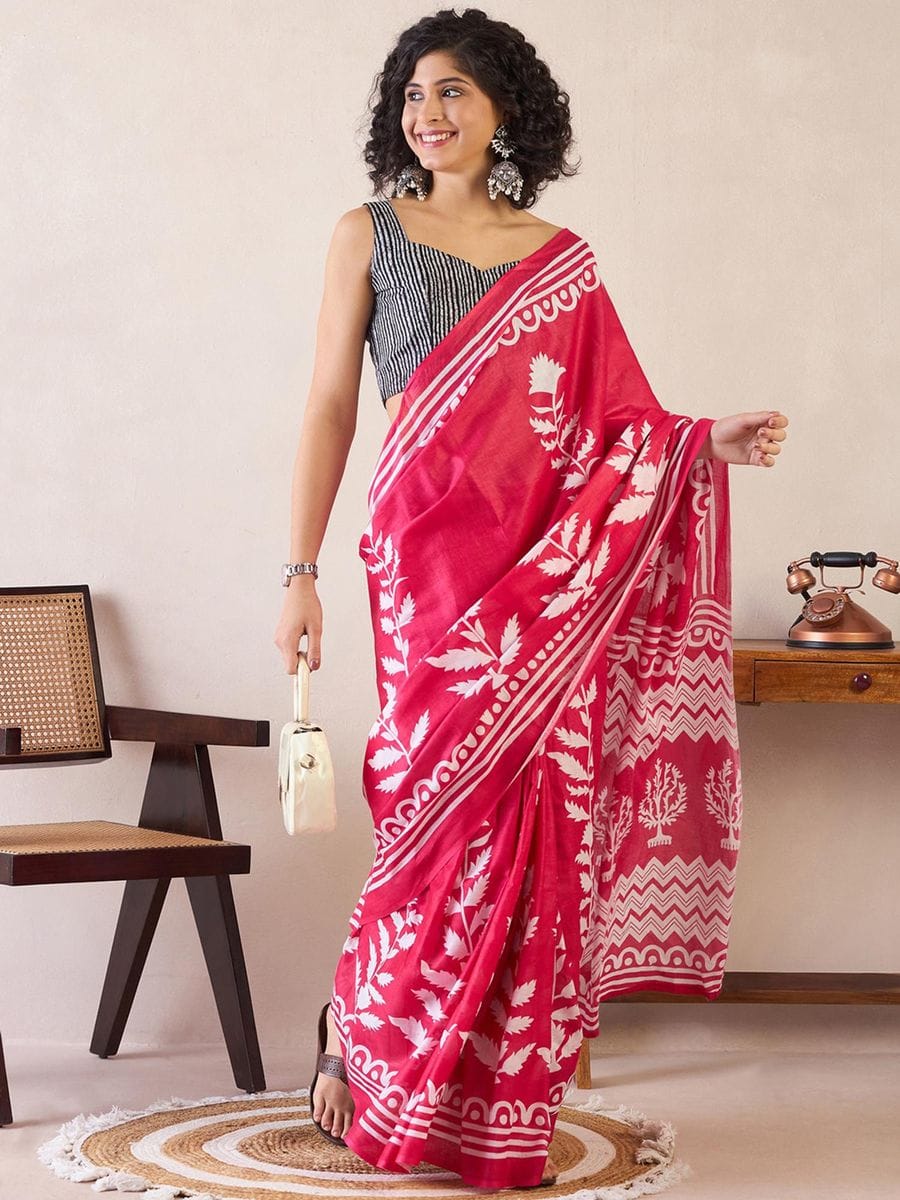 Pink Colour Mul Cotton Ready To Wear Saree With Pocket