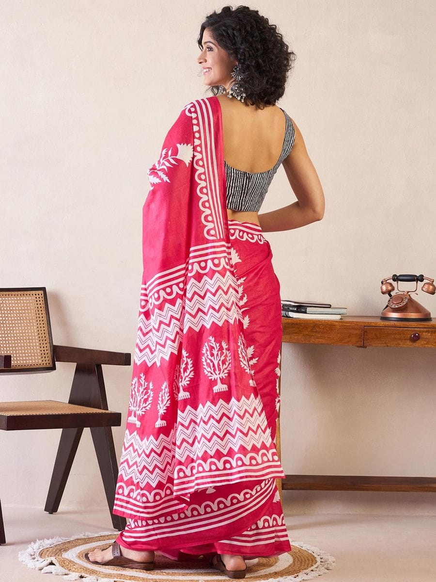 Pink Colour Mul Cotton Ready To Wear Saree With Pocket