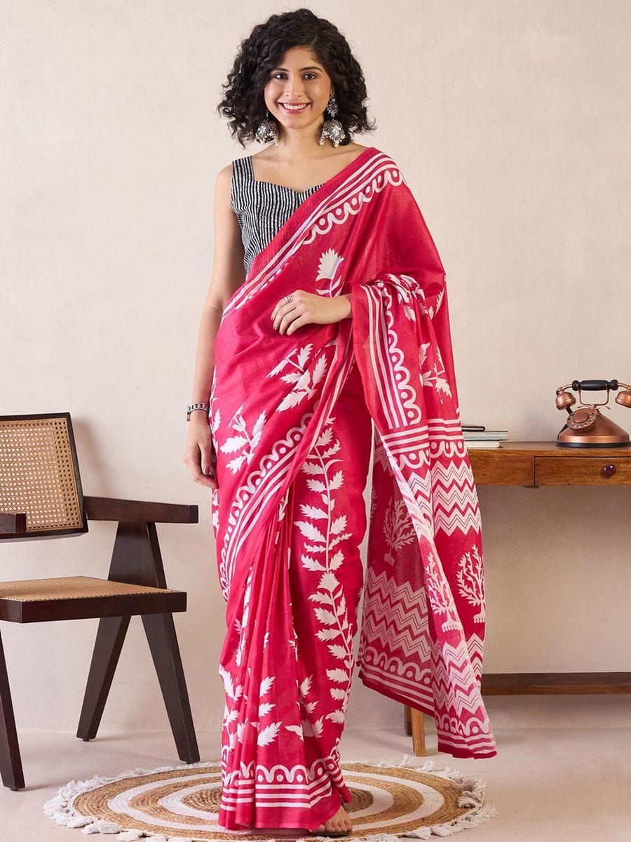 Pink Colour Mul Cotton Ready To Wear Saree With Pocket
