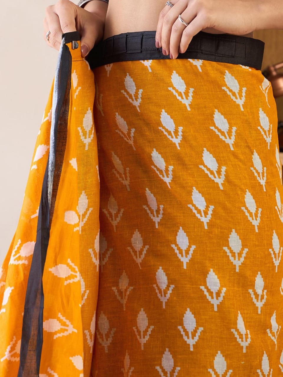 Yellow Black Mul Cotton Ready To Wear Saree With Pocket