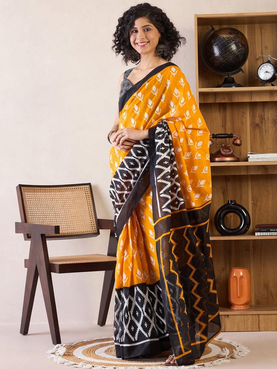 Yellow Black Mul Cotton Ready To Wear Saree With Pocket