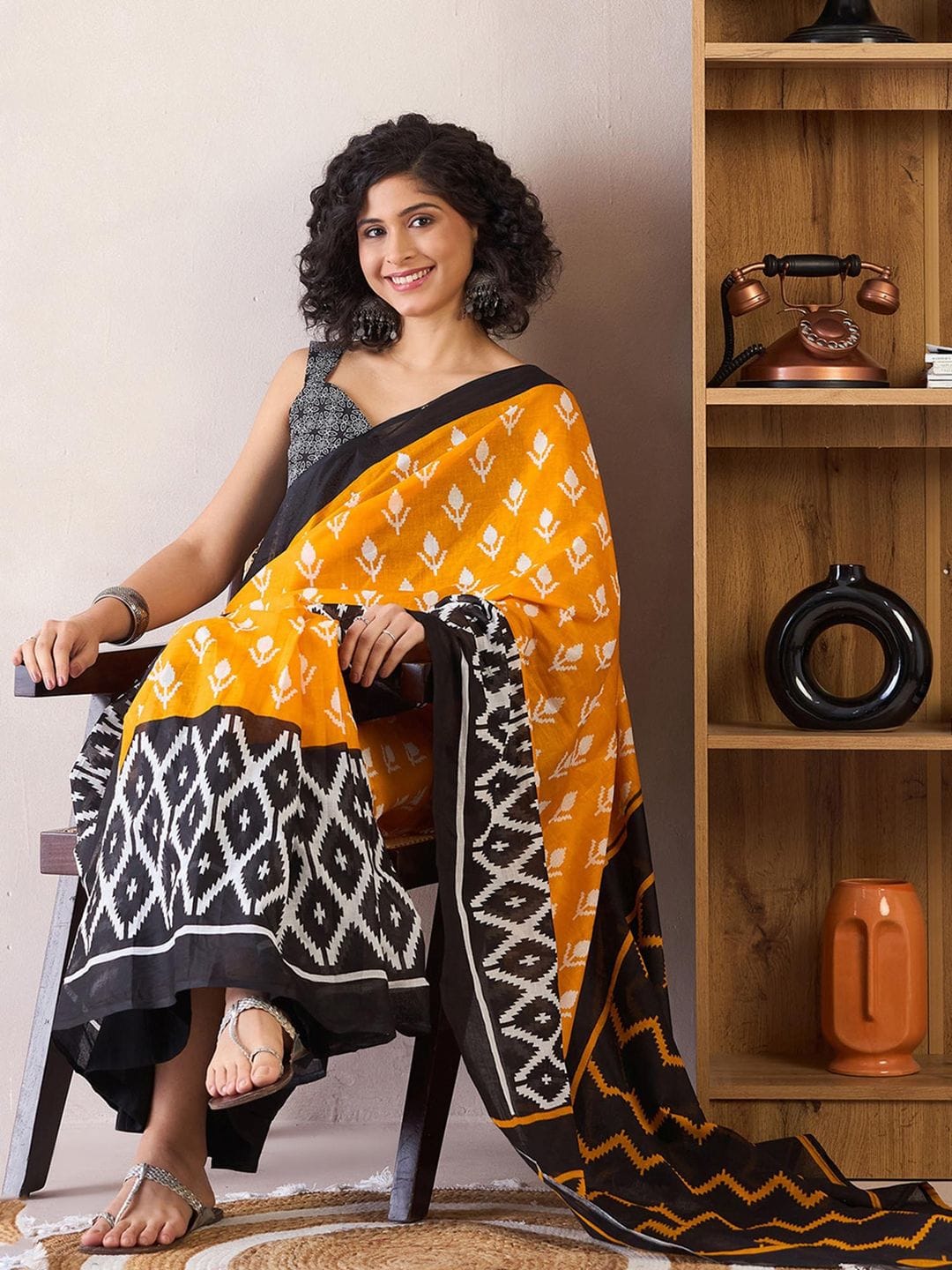 Yellow Black Mul Cotton Ready To Wear Saree With Pocket