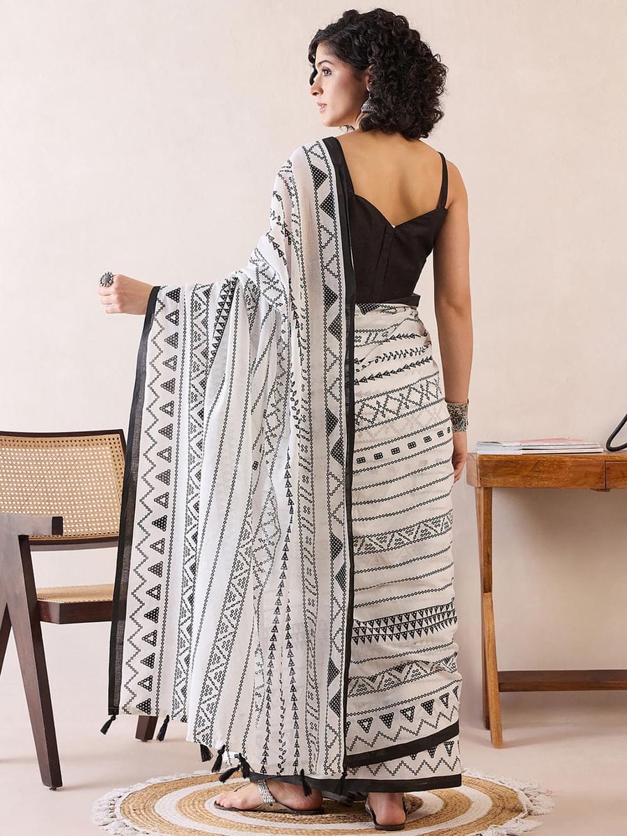 White Colour Mul Cotton Ready To Wear Saree With Pocket