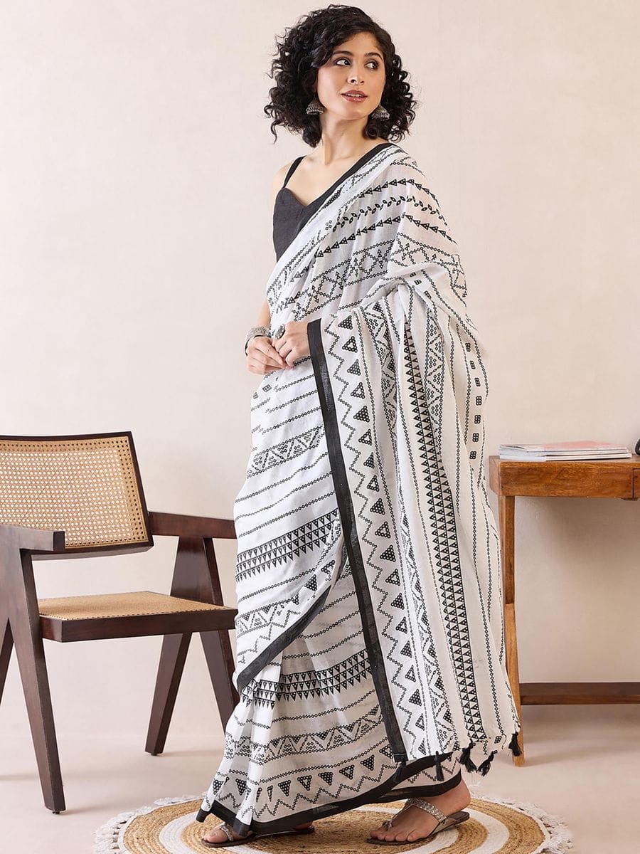 White Colour Mul Cotton Ready To Wear Saree With Pocket
