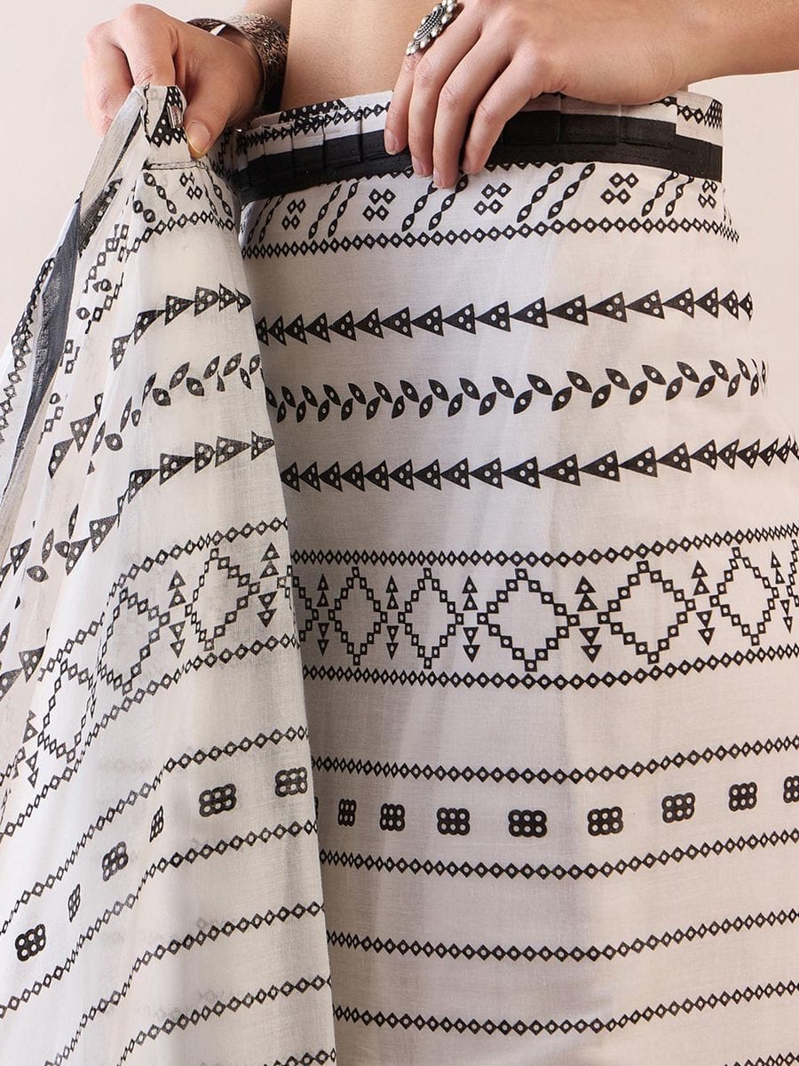 White Colour Mul Cotton Ready To Wear Saree With Pocket