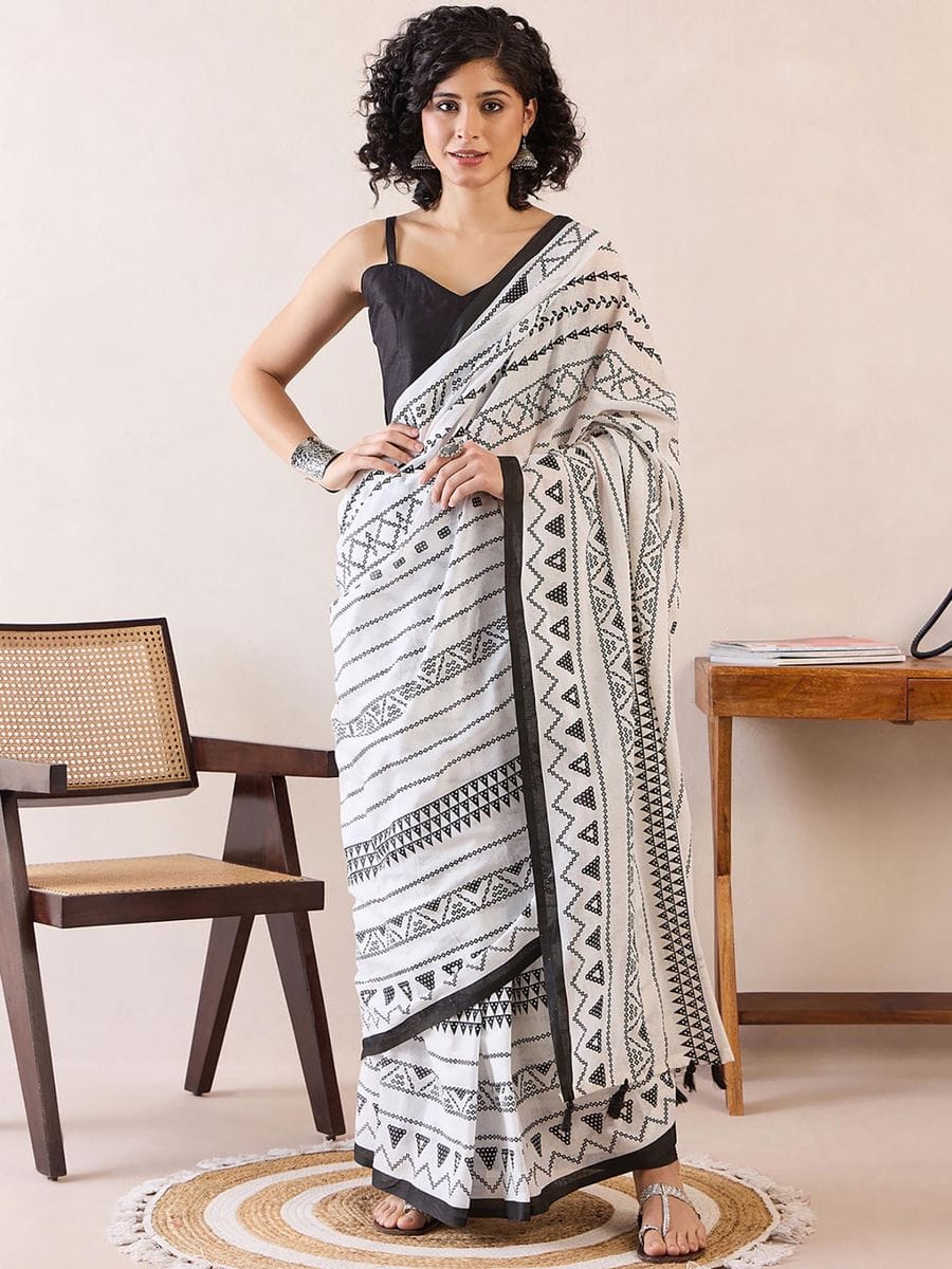 White Colour Mul Cotton Ready To Wear Saree With Pocket