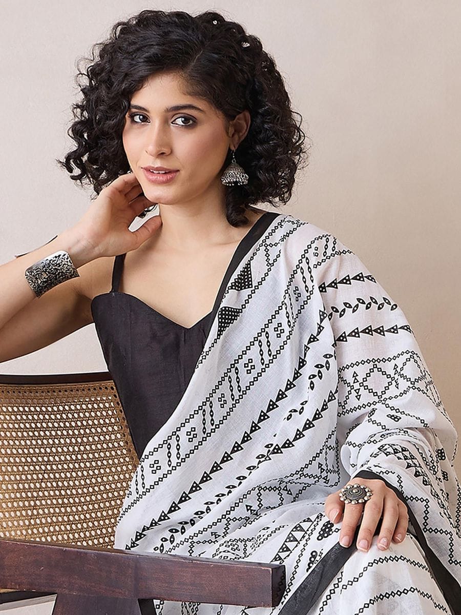 White Colour Mul Cotton Ready To Wear Saree With Pocket