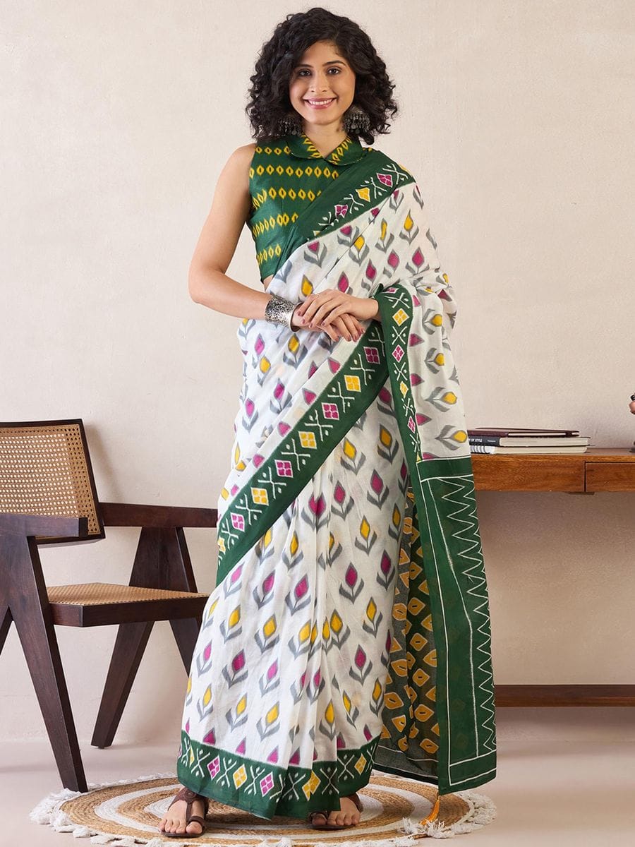 White Colour Mul Cotton Ready To Wear Saree With Pocket