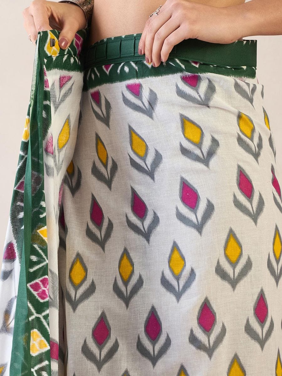 White Colour Mul Cotton Ready To Wear Saree With Pocket