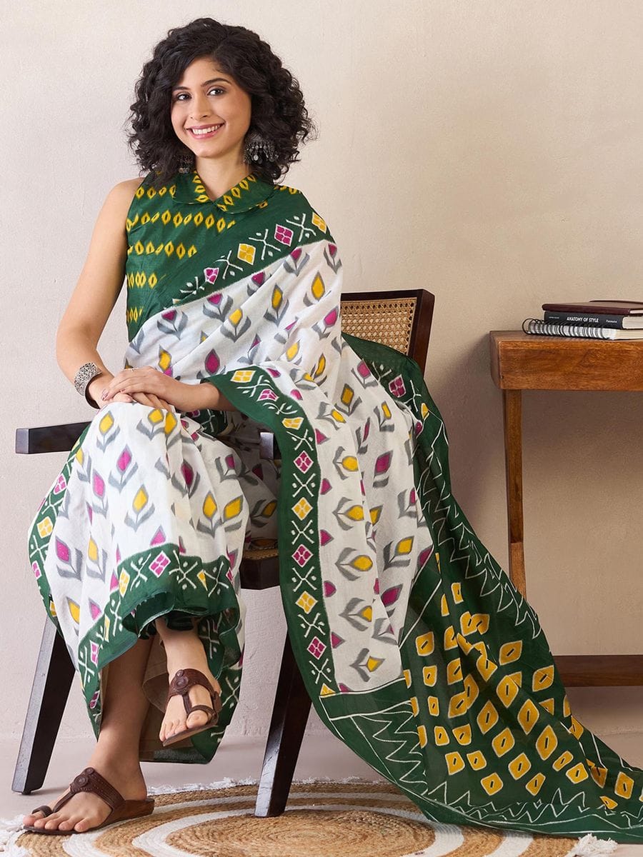 White Colour Mul Cotton Ready To Wear Saree With Pocket