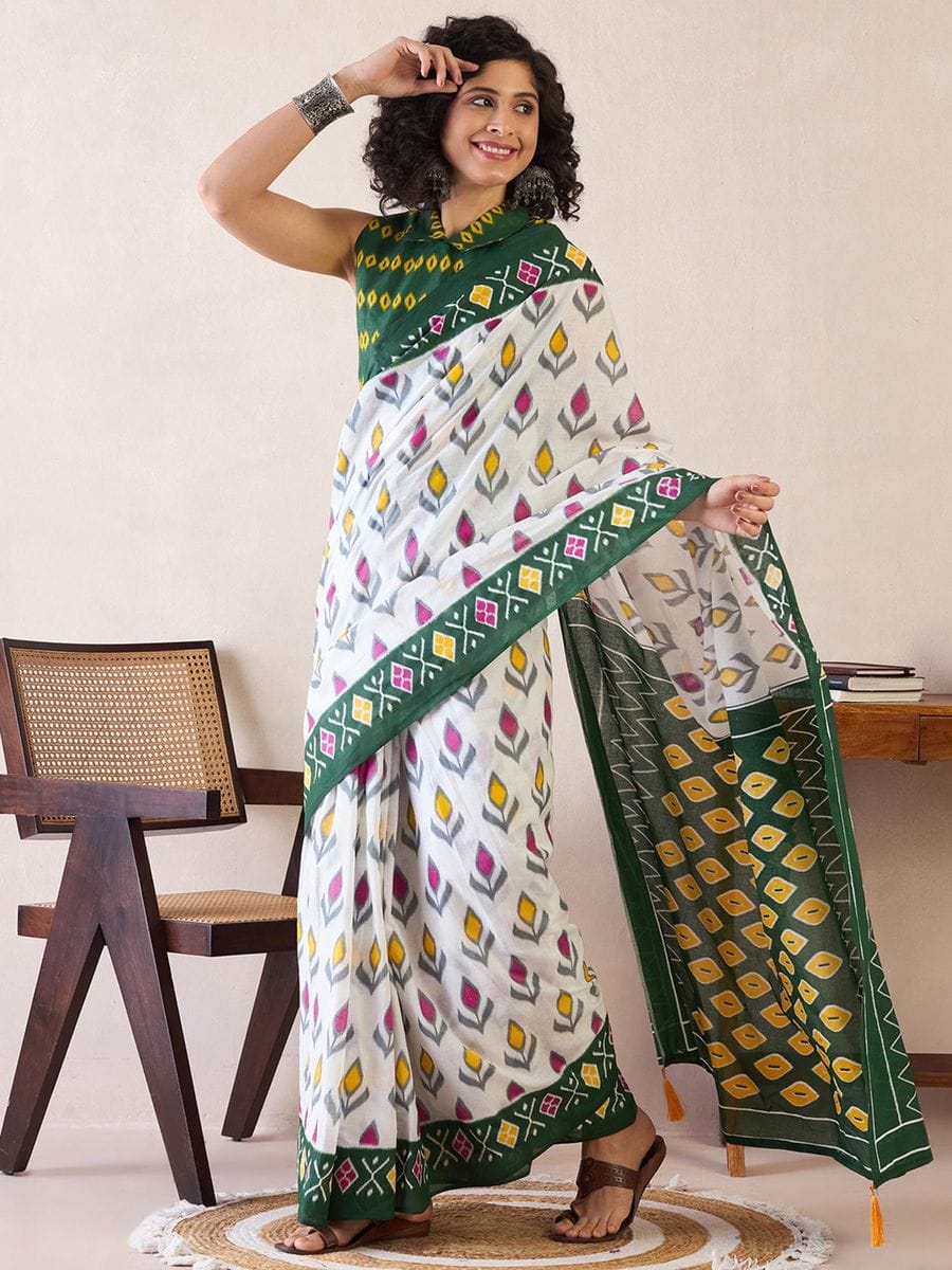 White Colour Mul Cotton Ready To Wear Saree With Pocket