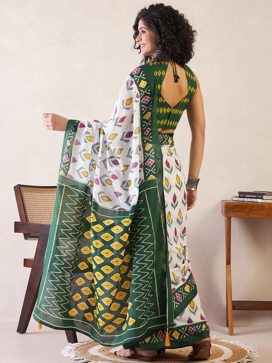 White Colour Mul Cotton Ready To Wear Saree With Pocket