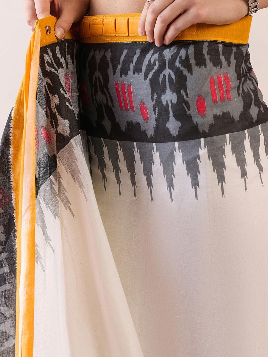 White Colour Mul Cotton Ready To Wear Saree With Pocket