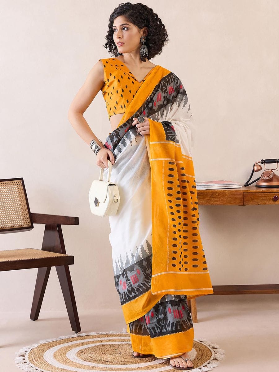 White Colour Mul Cotton Ready To Wear Saree With Pocket