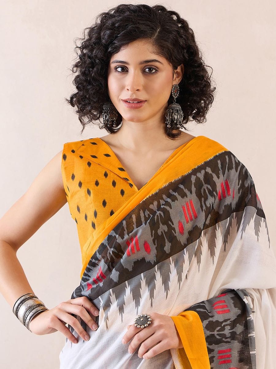 White Colour Mul Cotton Ready To Wear Saree With Pocket