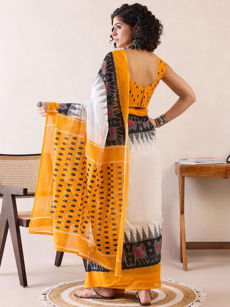 White Colour Mul Cotton Ready To Wear Saree With Pocket