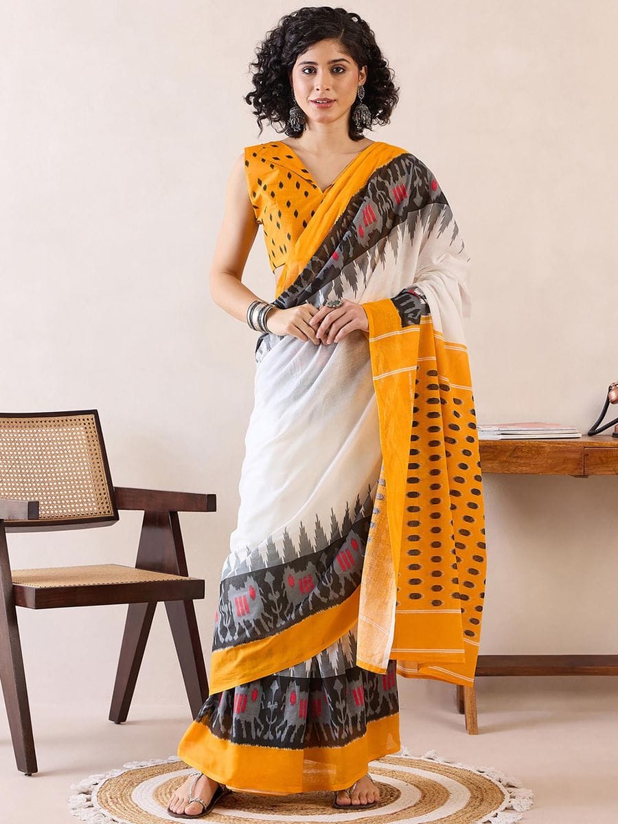 White Colour Mul Cotton Ready To Wear Saree With Pocket
