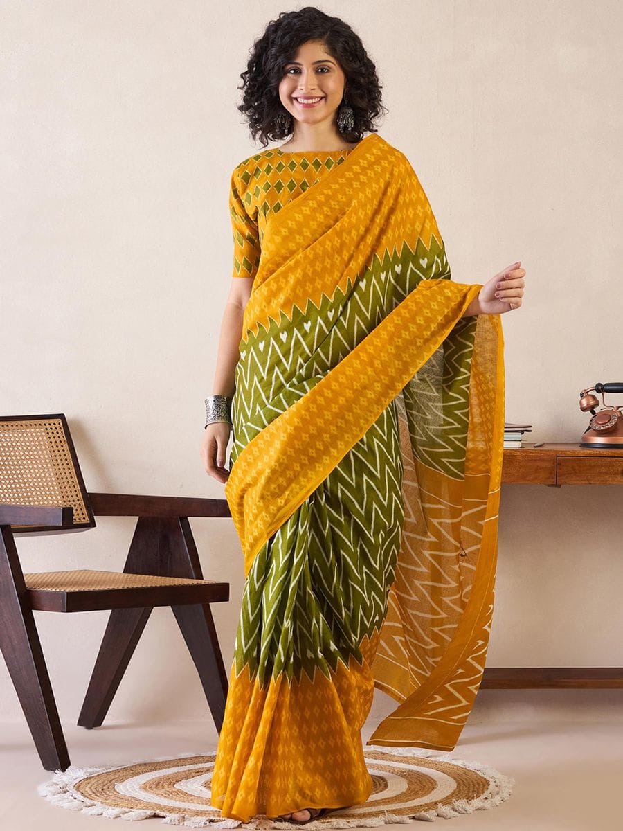 Yellow Colour Mul Cotton Ready To Wear Saree With Pocket