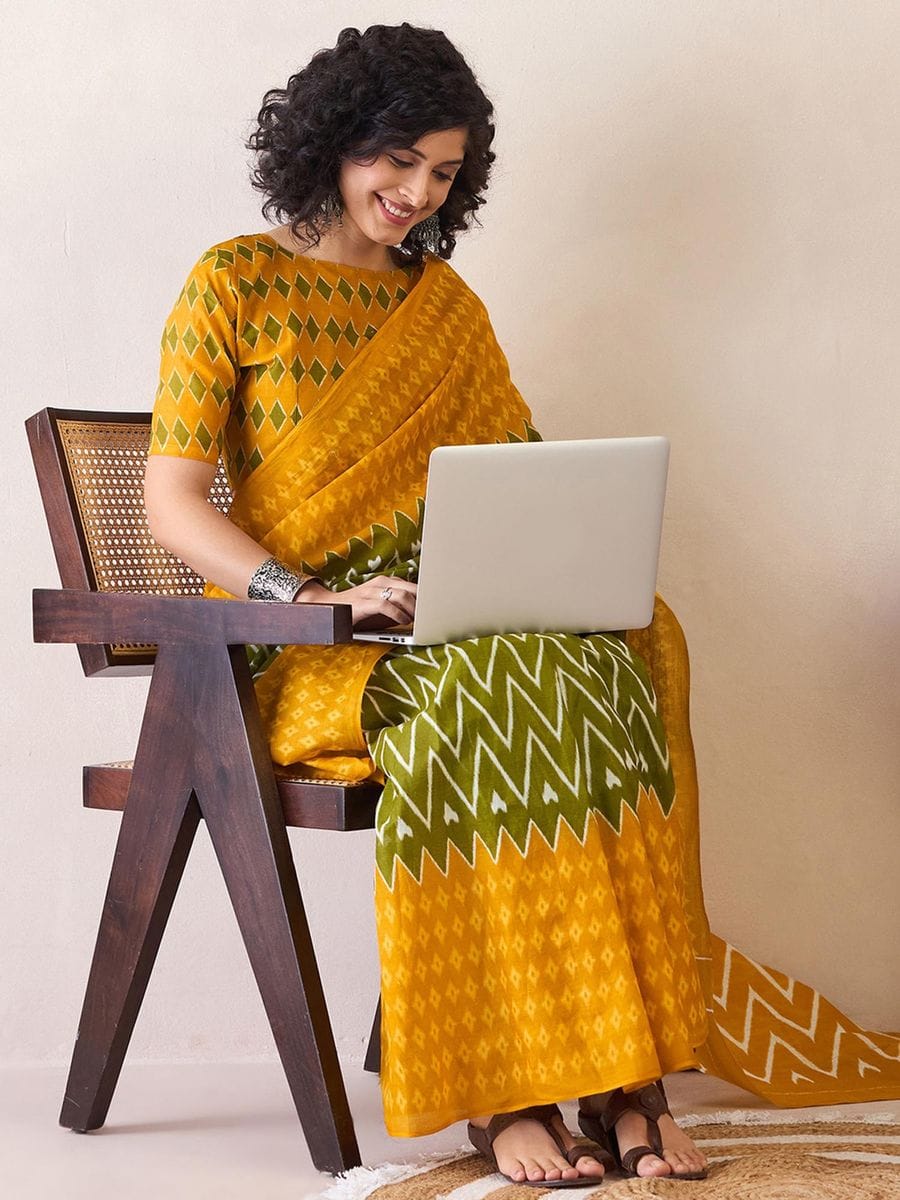 Yellow Colour Mul Cotton Ready To Wear Saree With Pocket