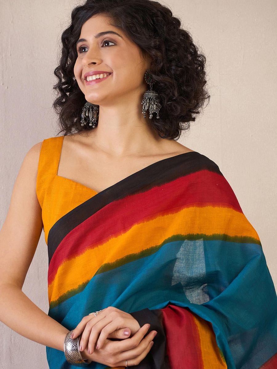 Multi Colour Mul Cotton Ready To Wear Saree With Pocket
