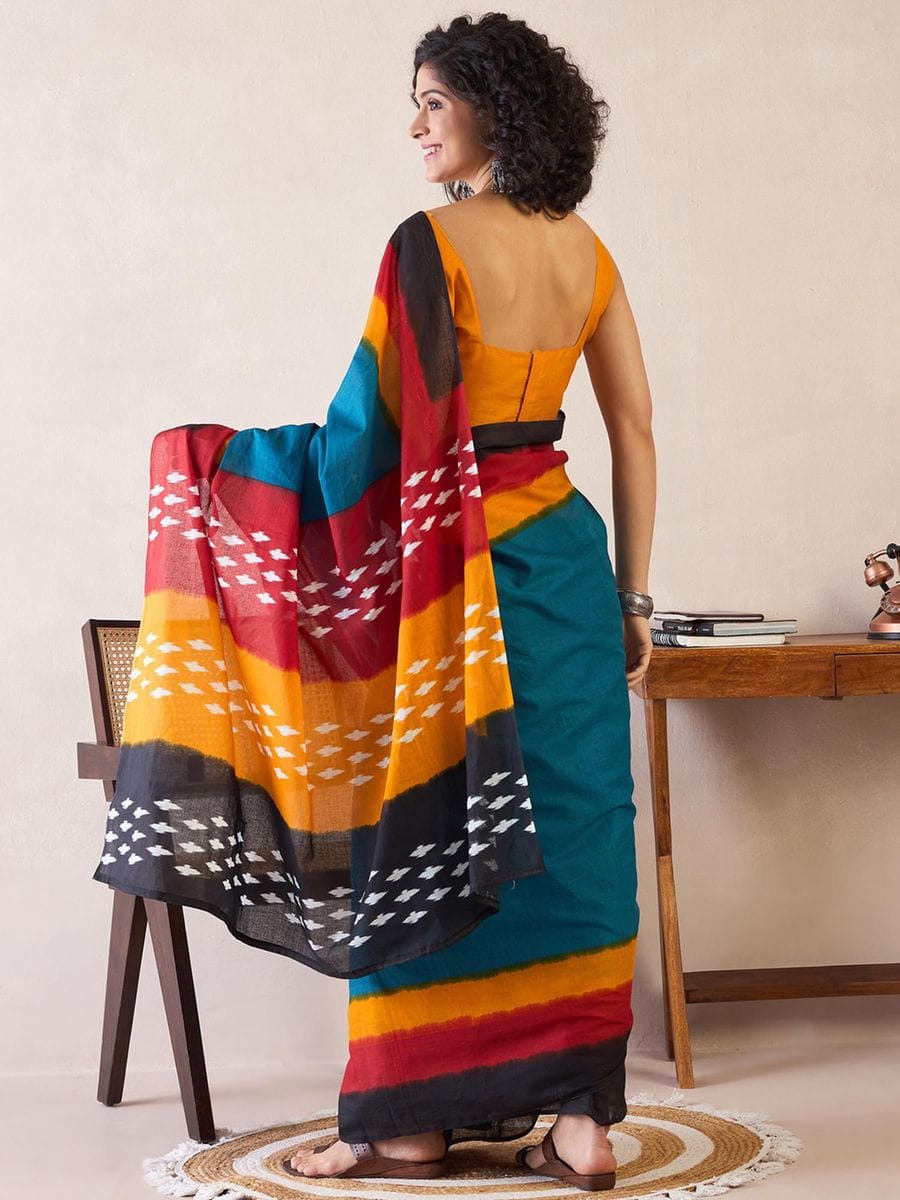 Multi Colour Mul Cotton Ready To Wear Saree With Pocket