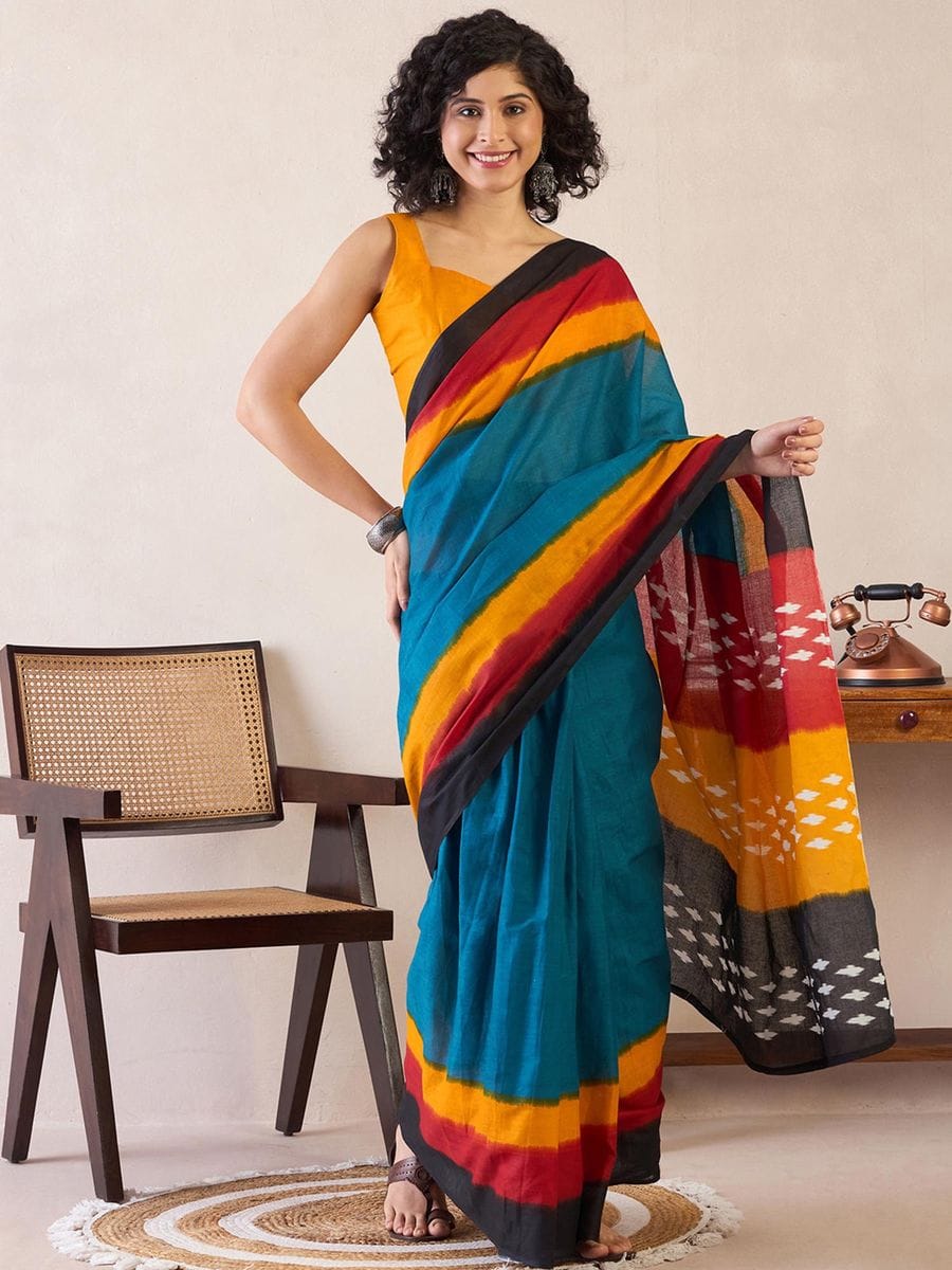 Multi Colour Mul Cotton Ready To Wear Saree With Pocket