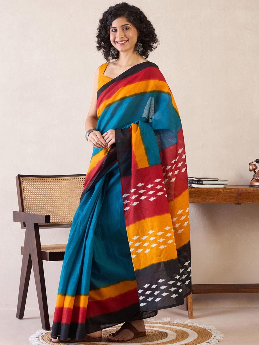Multi Colour Mul Cotton Ready To Wear Saree With Pocket