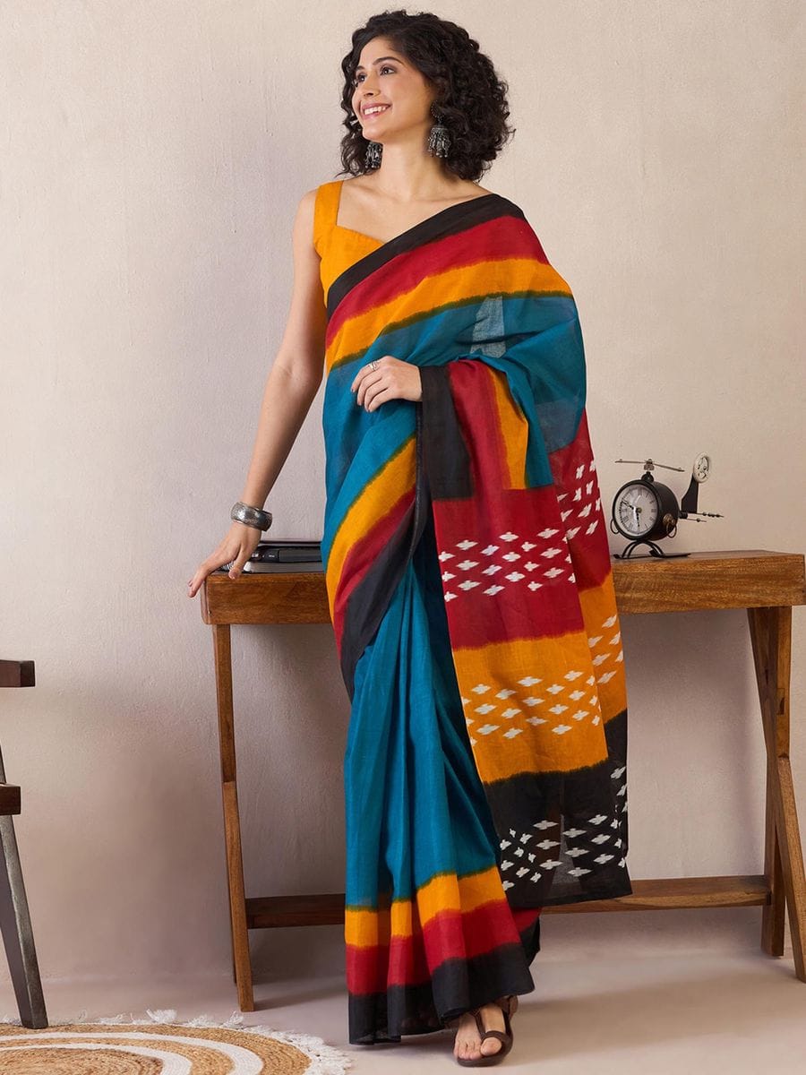 Multi Colour Mul Cotton Ready To Wear Saree With Pocket