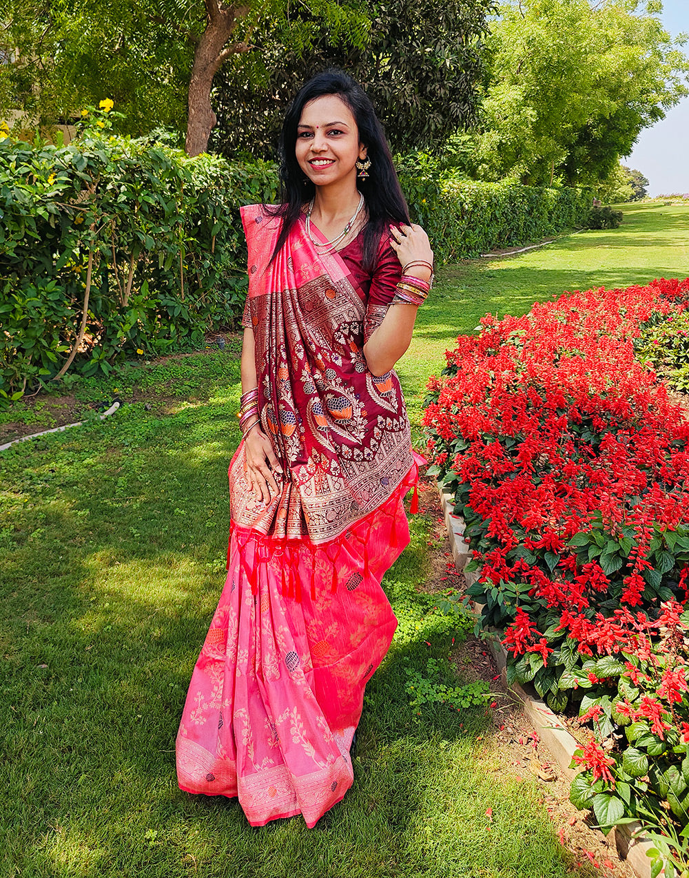 Rose Pink & Maroon Silk Saree With Zari Weaving Work