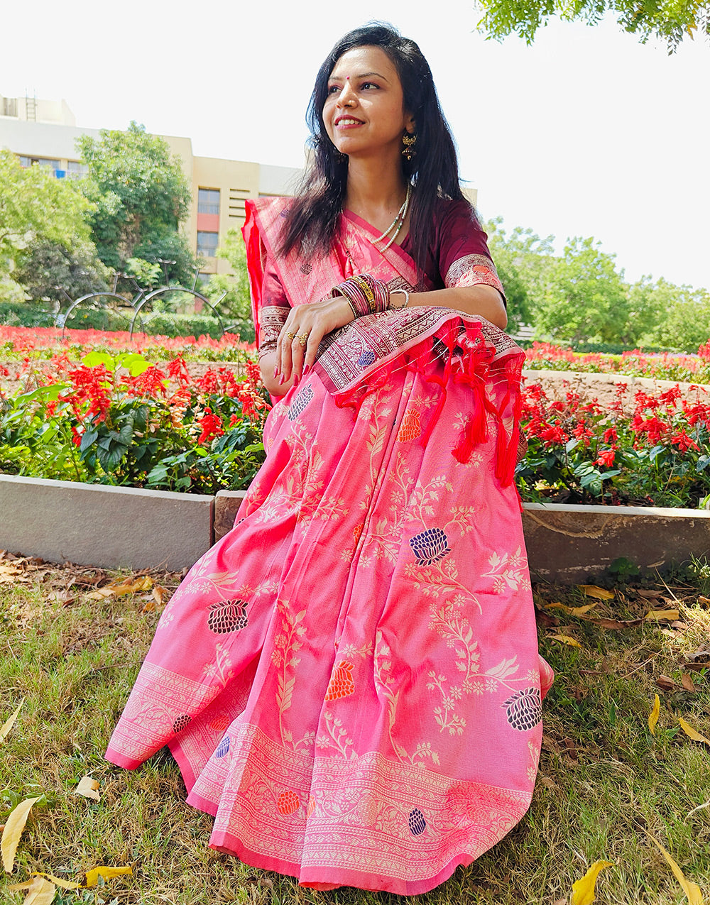 Rose Pink & Maroon Silk Saree With Zari Weaving Work