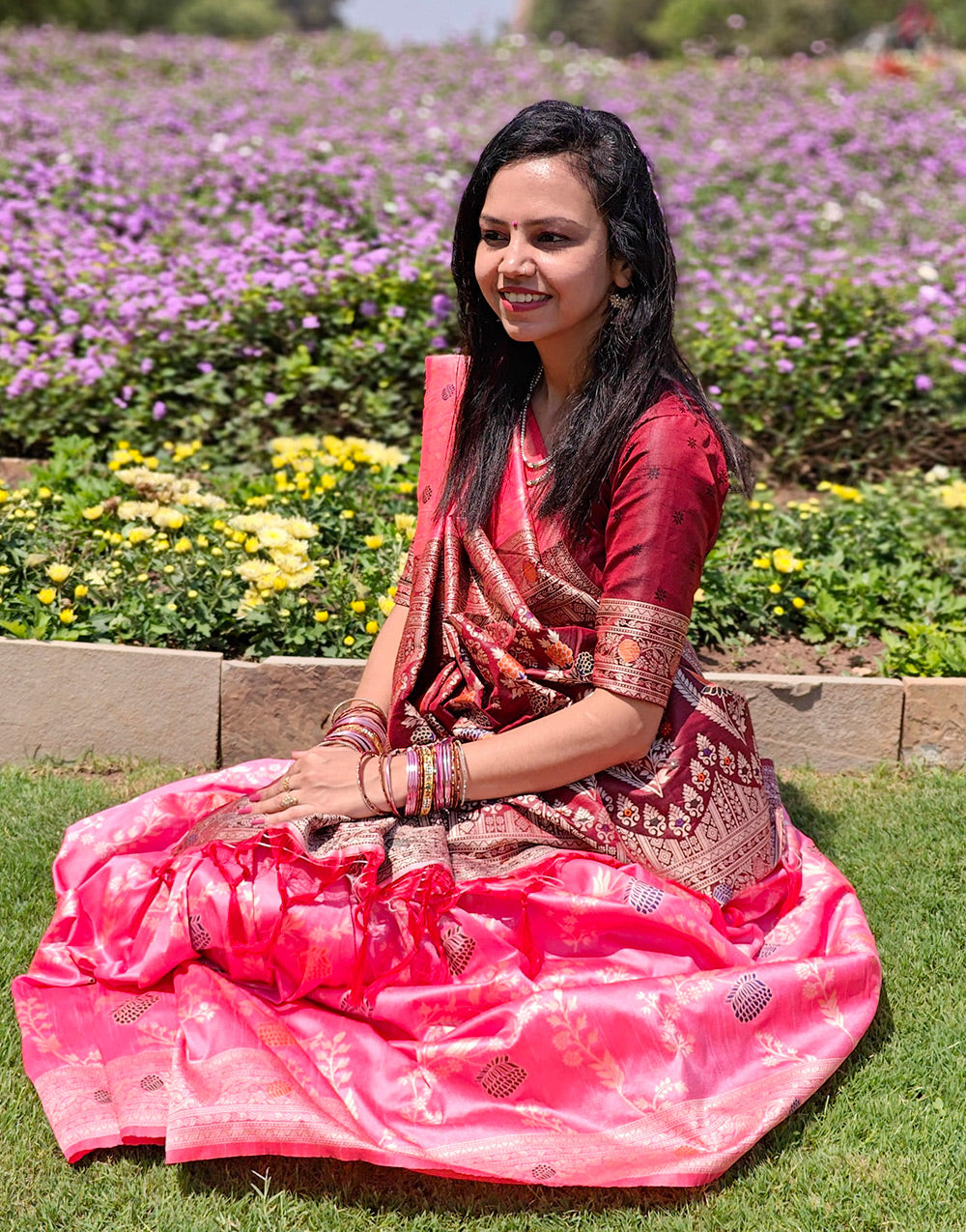 Rose Pink & Maroon Silk Saree With Zari Weaving Work