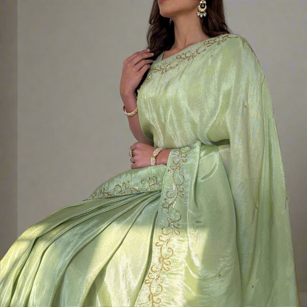 Green Color Designer Ready To Wear Saree With Stitched Blouse