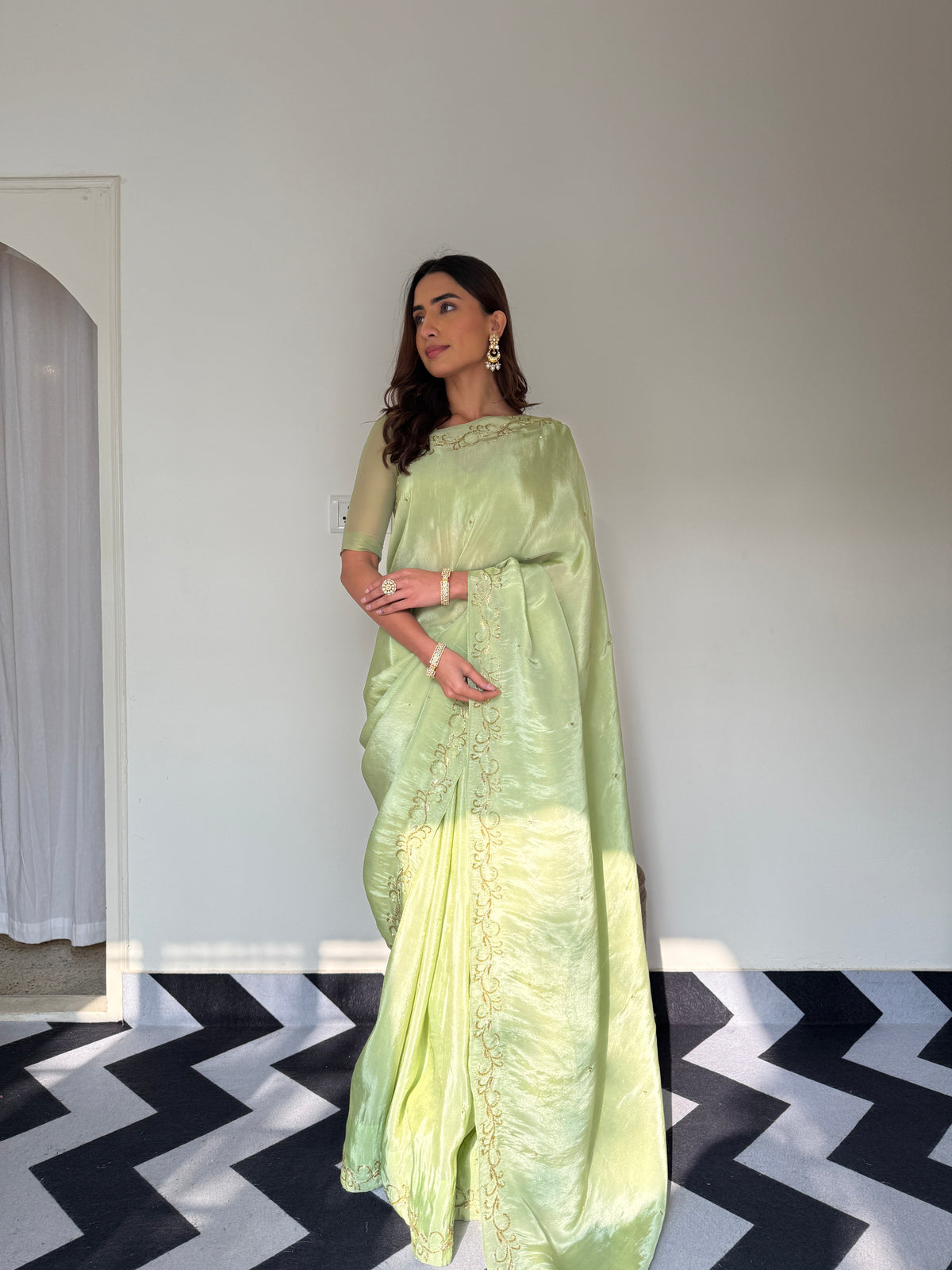 Green Color Designer Ready To Wear Saree With Stitched Blouse