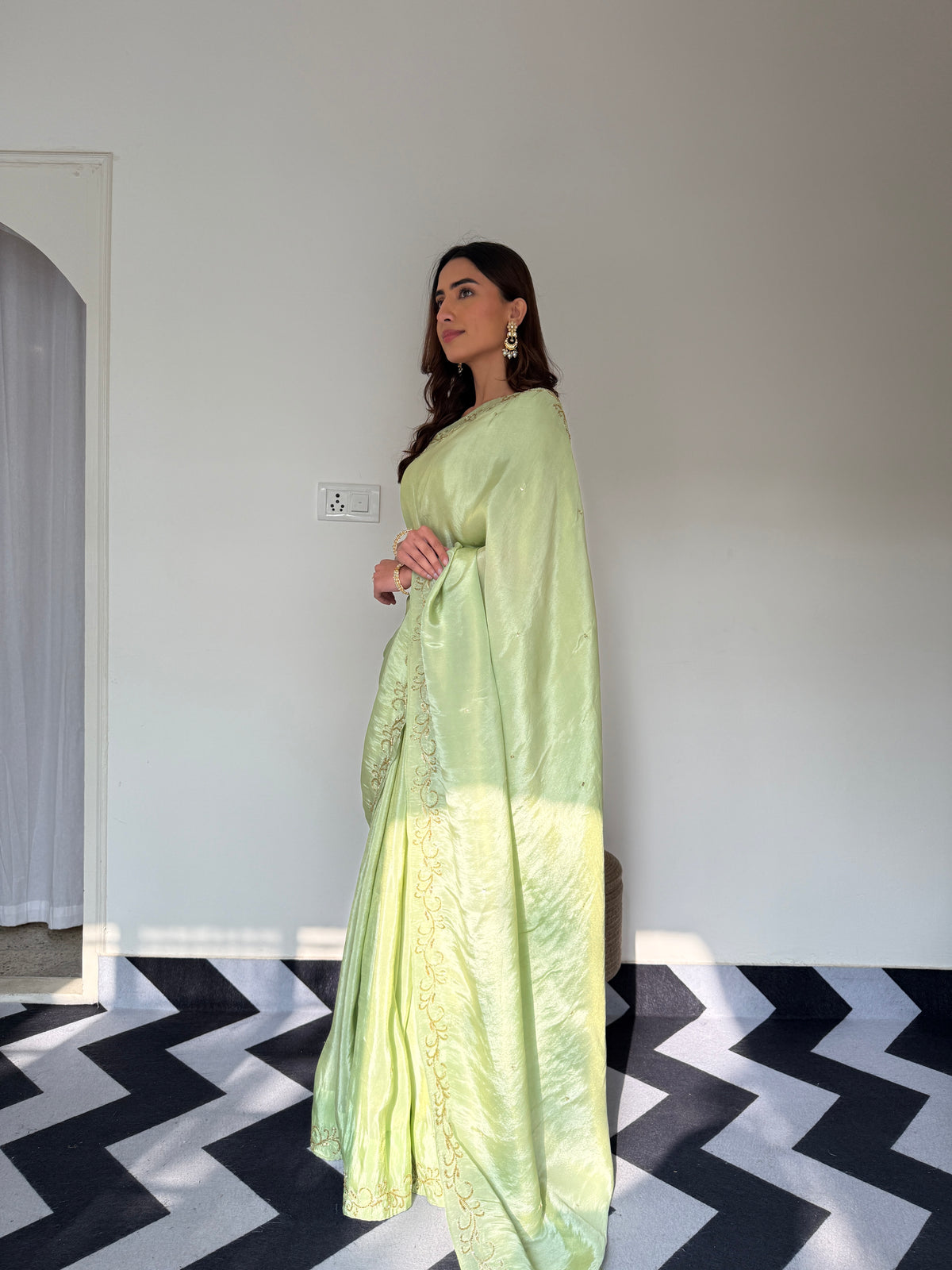 Green Color Designer Ready To Wear Saree With Stitched Blouse