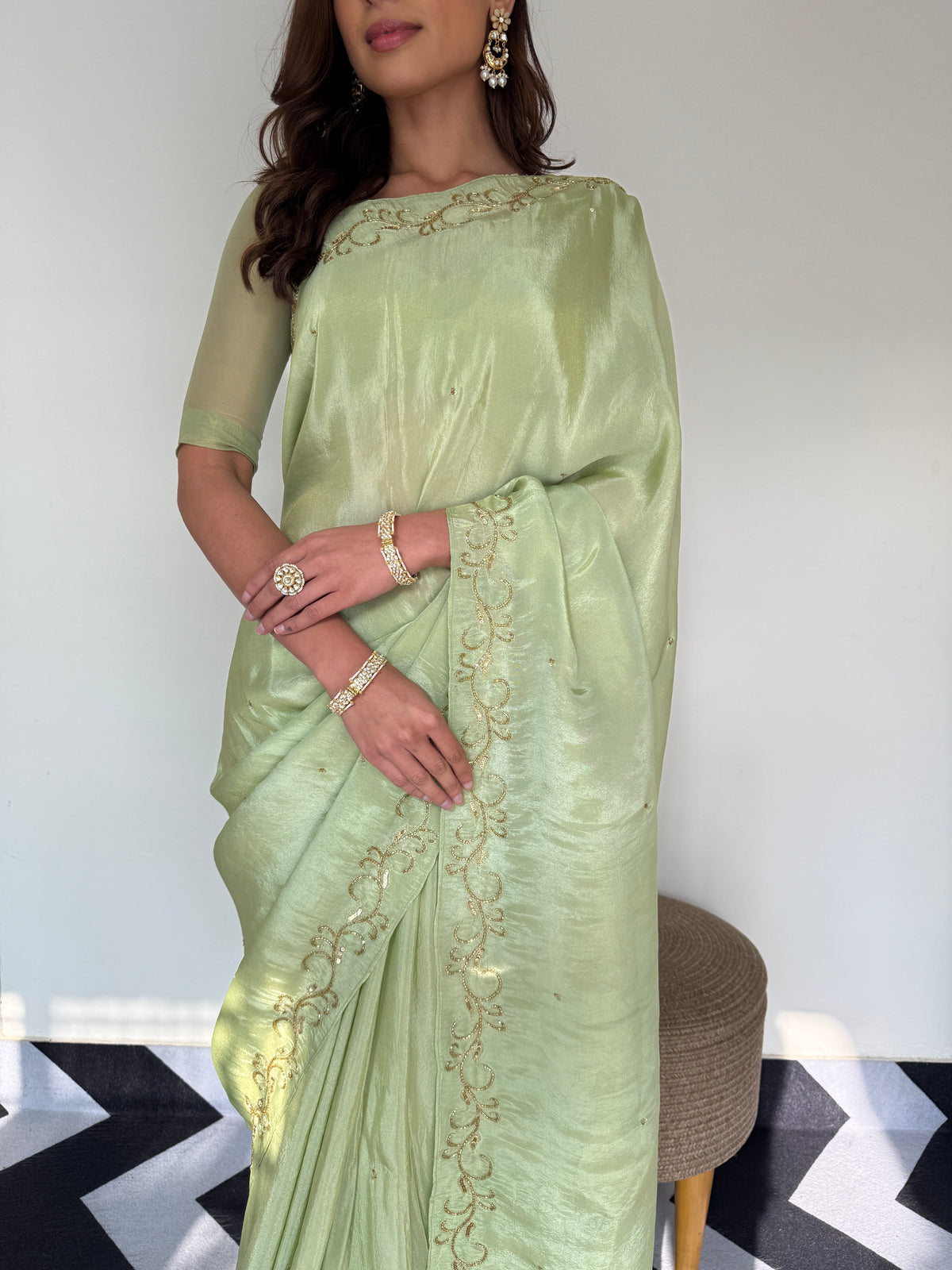 Green Color Designer Ready To Wear Saree With Stitched Blouse