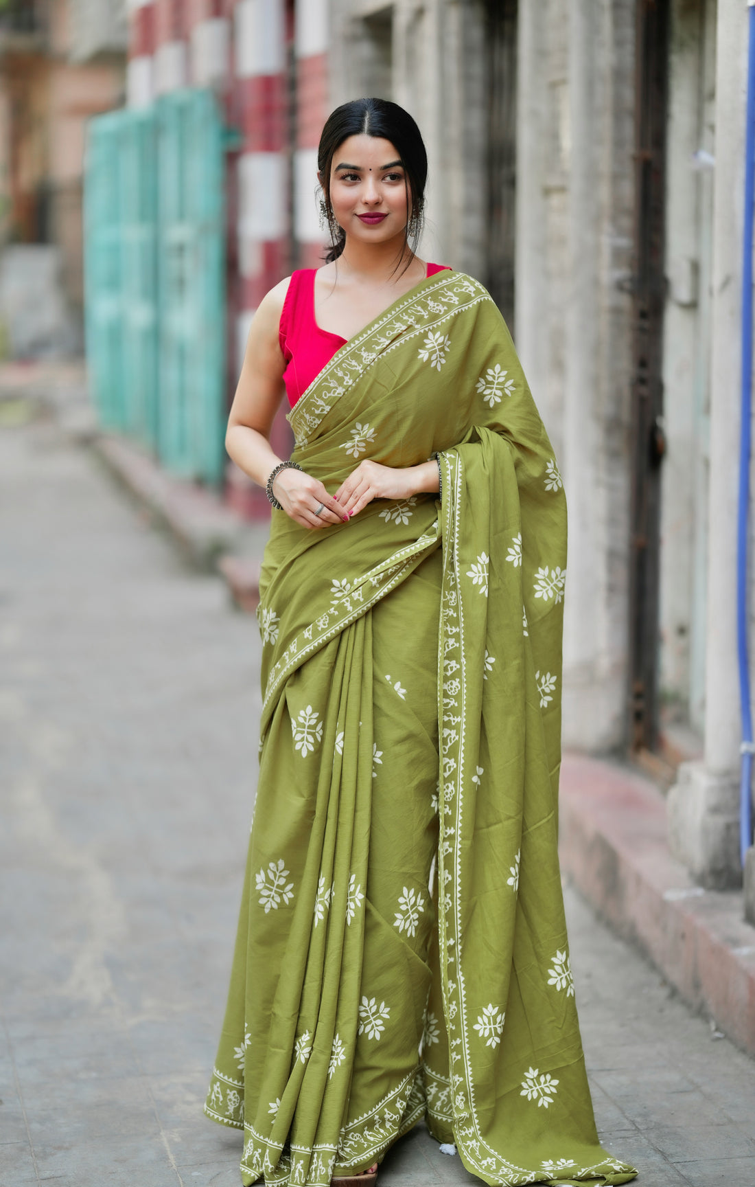 Green Colour Mul Cotton Ready To Wear Saree With Pocket
