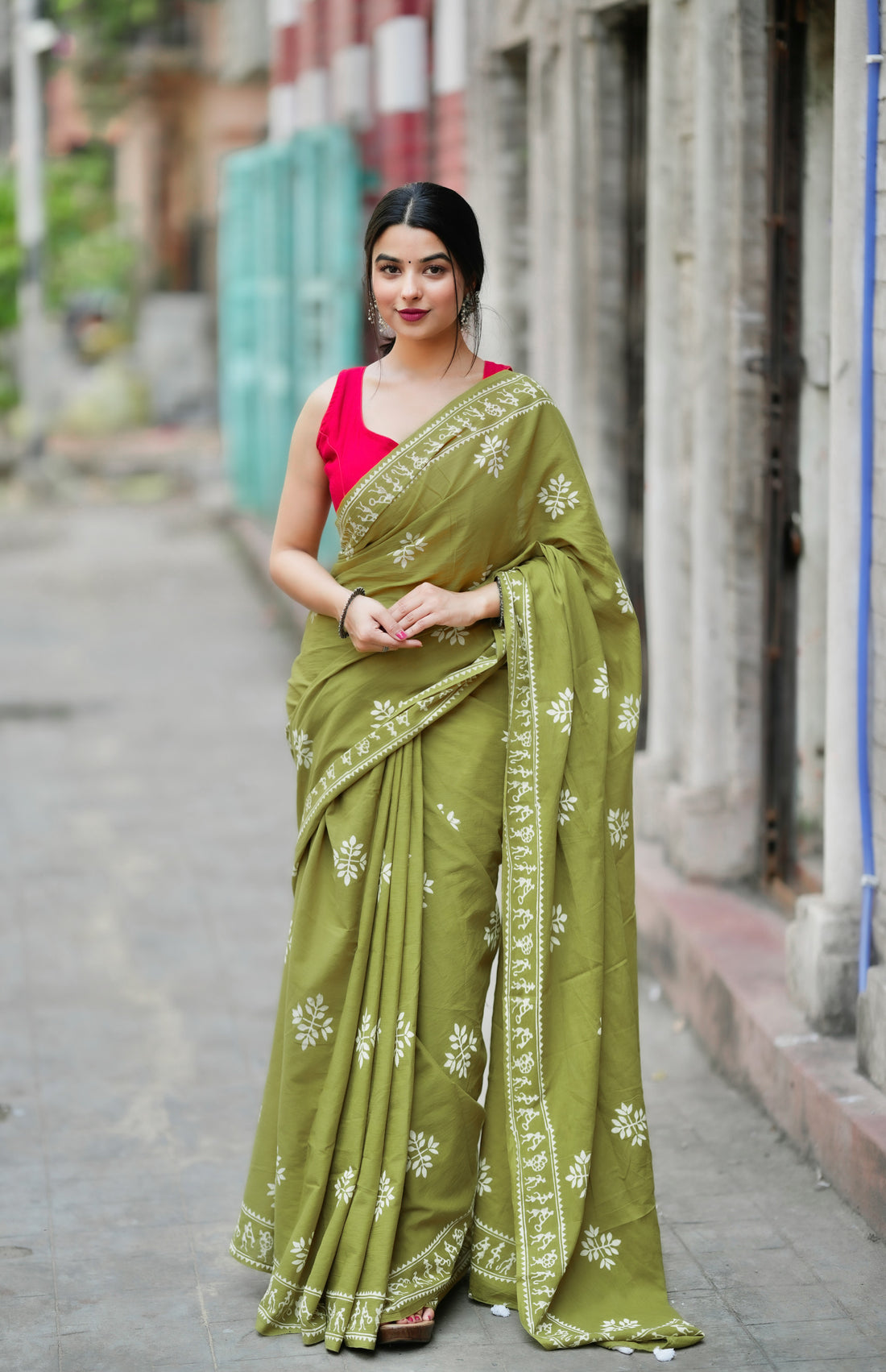 Green Colour Mul Cotton Ready To Wear Saree With Pocket