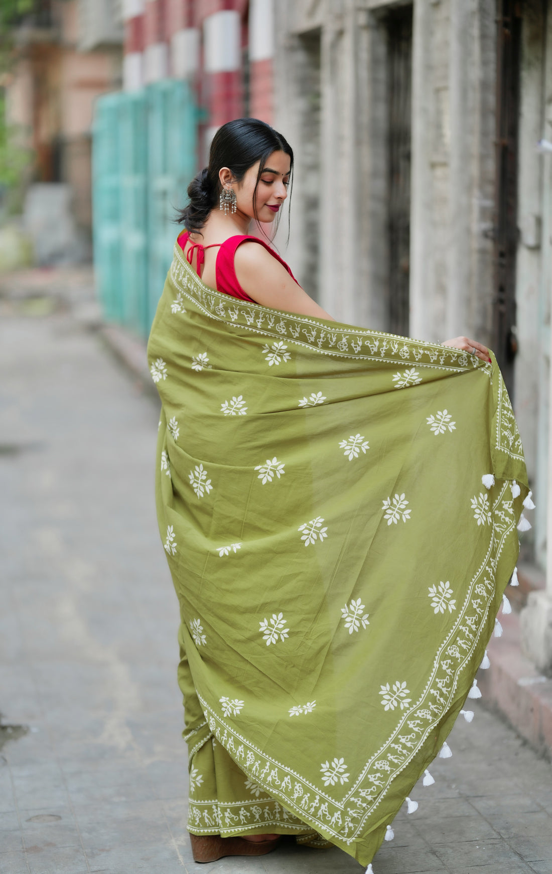 Green Colour Mul Cotton Ready To Wear Saree With Pocket