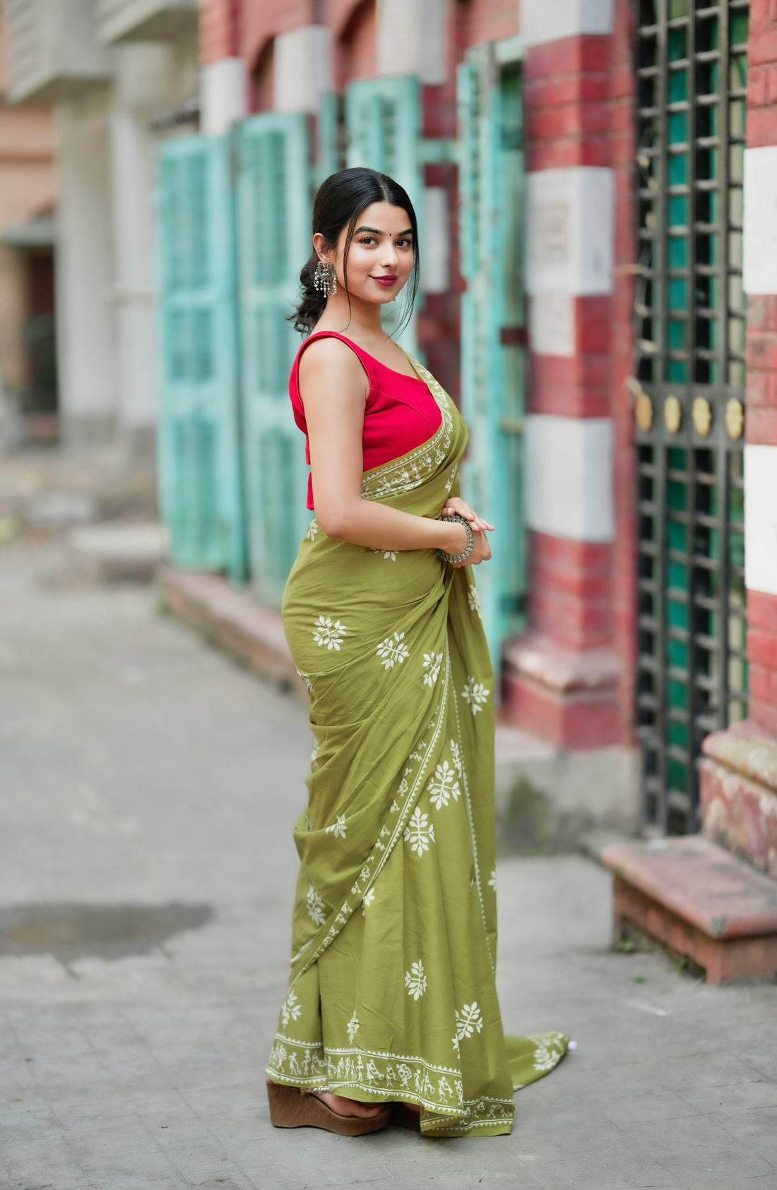 Green Colour Mul Cotton Ready To Wear Saree With Pocket