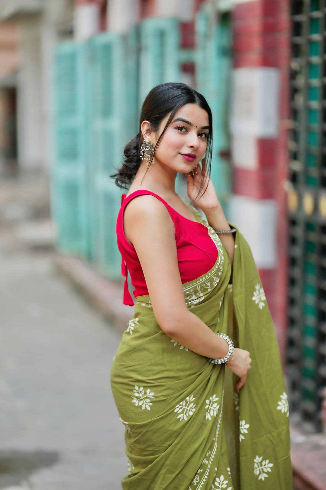 Green Colour Mul Cotton Ready To Wear Saree With Pocket