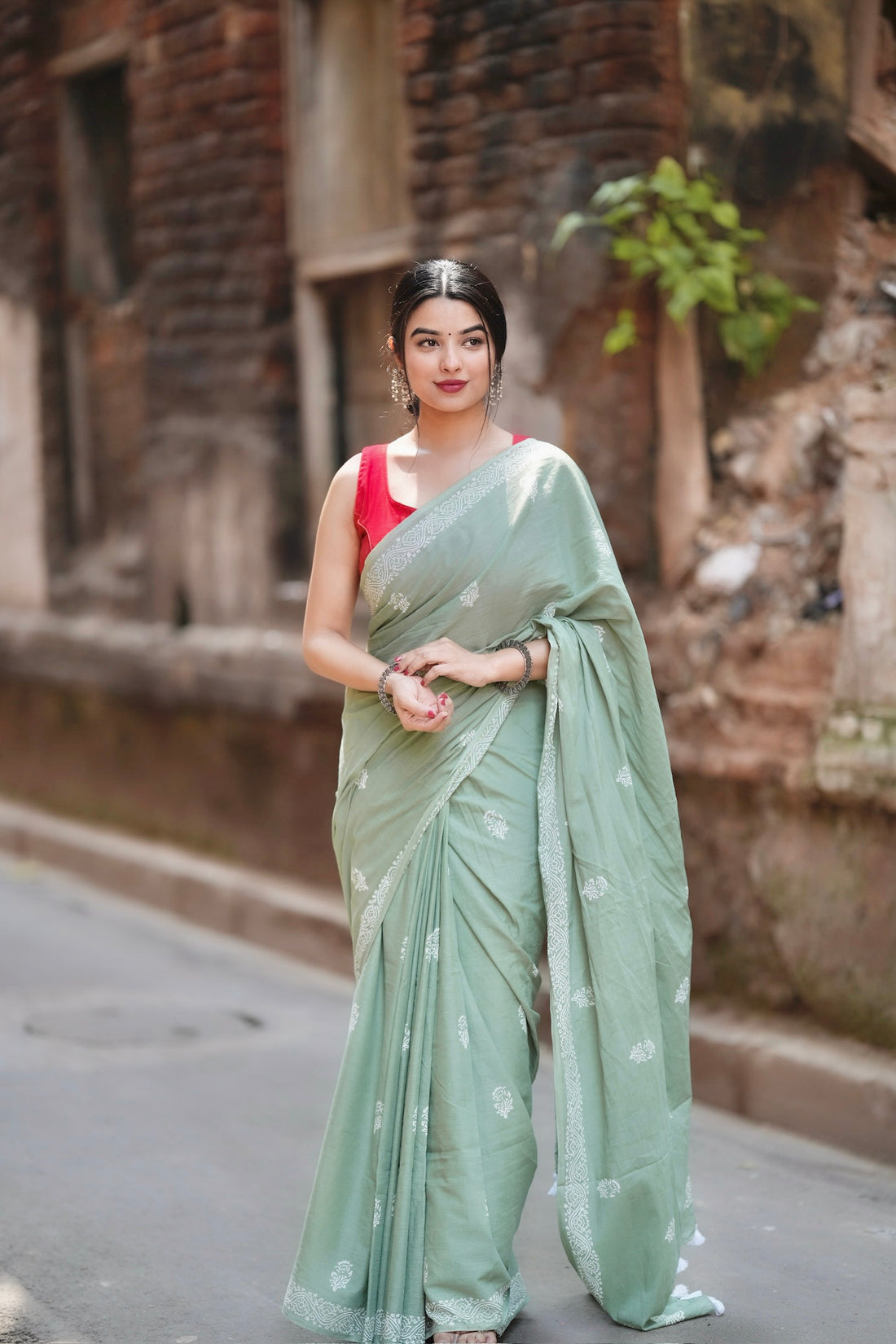 Pista Colour Mul Cotton Ready To Wear Saree With Pocket