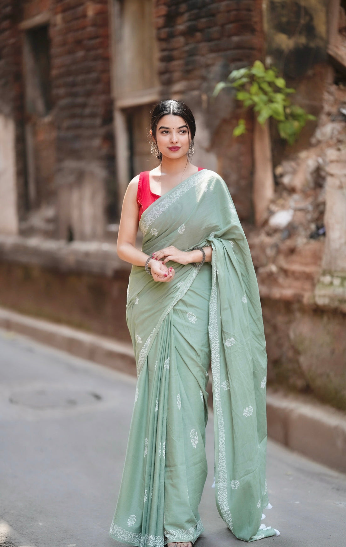 Pista Colour Mul Cotton Ready To Wear Saree With Pocket