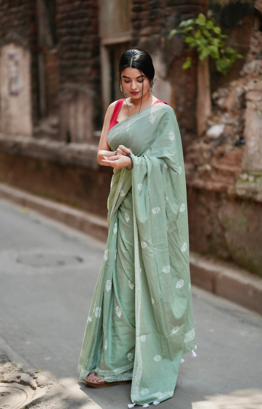 Pista Colour Mul Cotton Ready To Wear Saree With Pocket