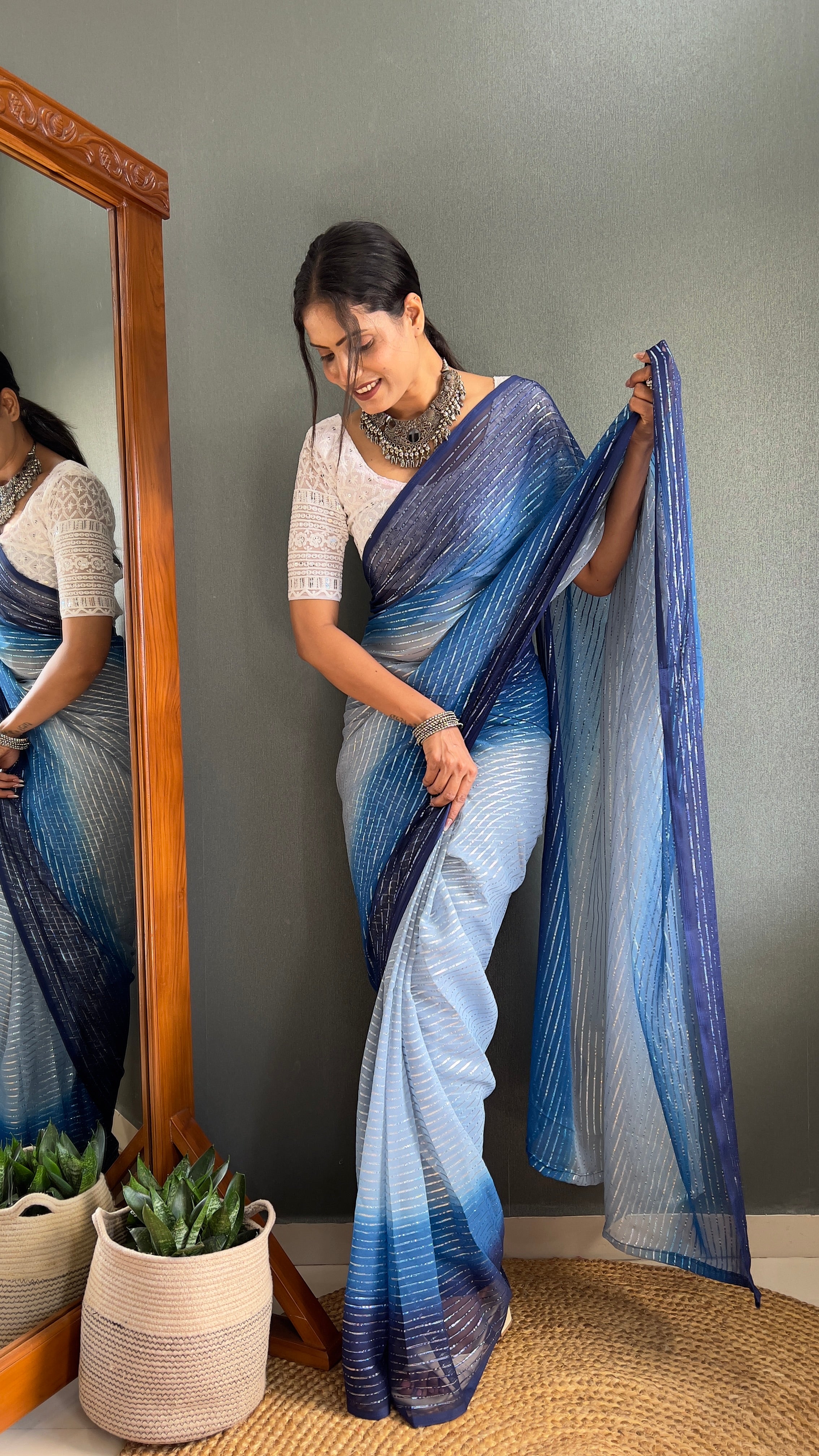 Chiffon Saree With Zari Work Patta Ready To Wear Saree
