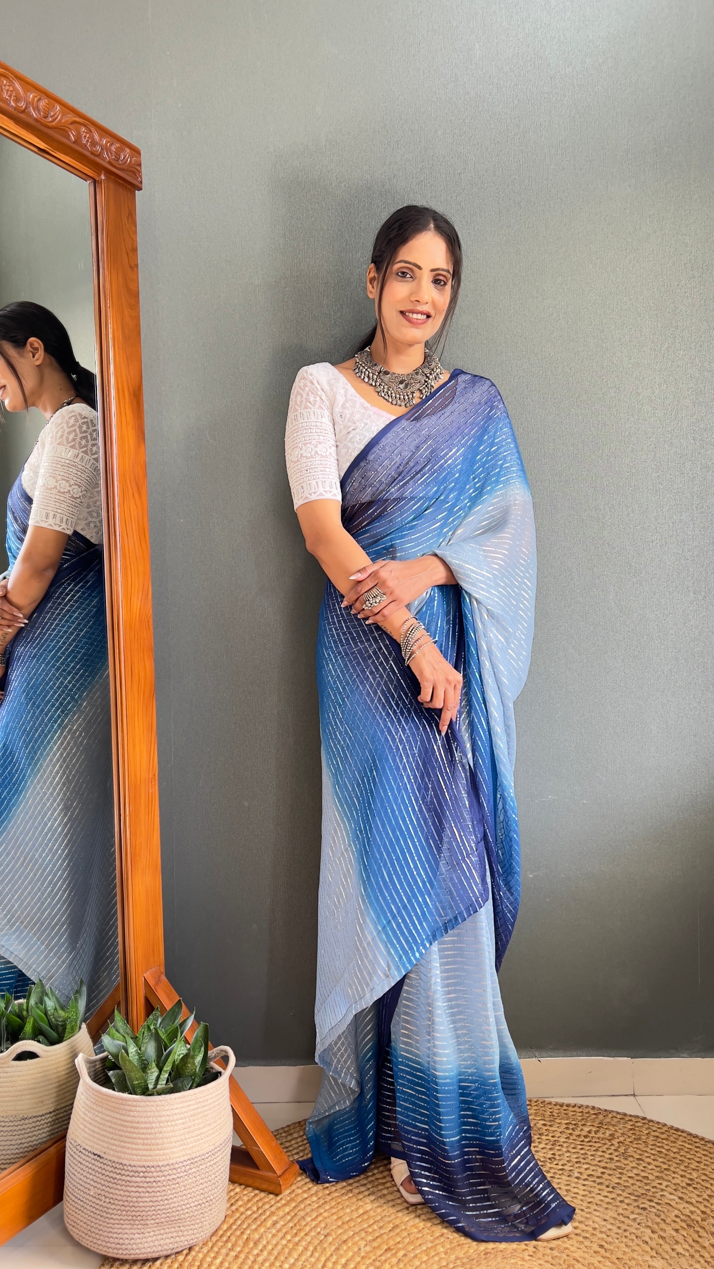 Chiffon Saree With Zari Work Patta Ready To Wear Saree