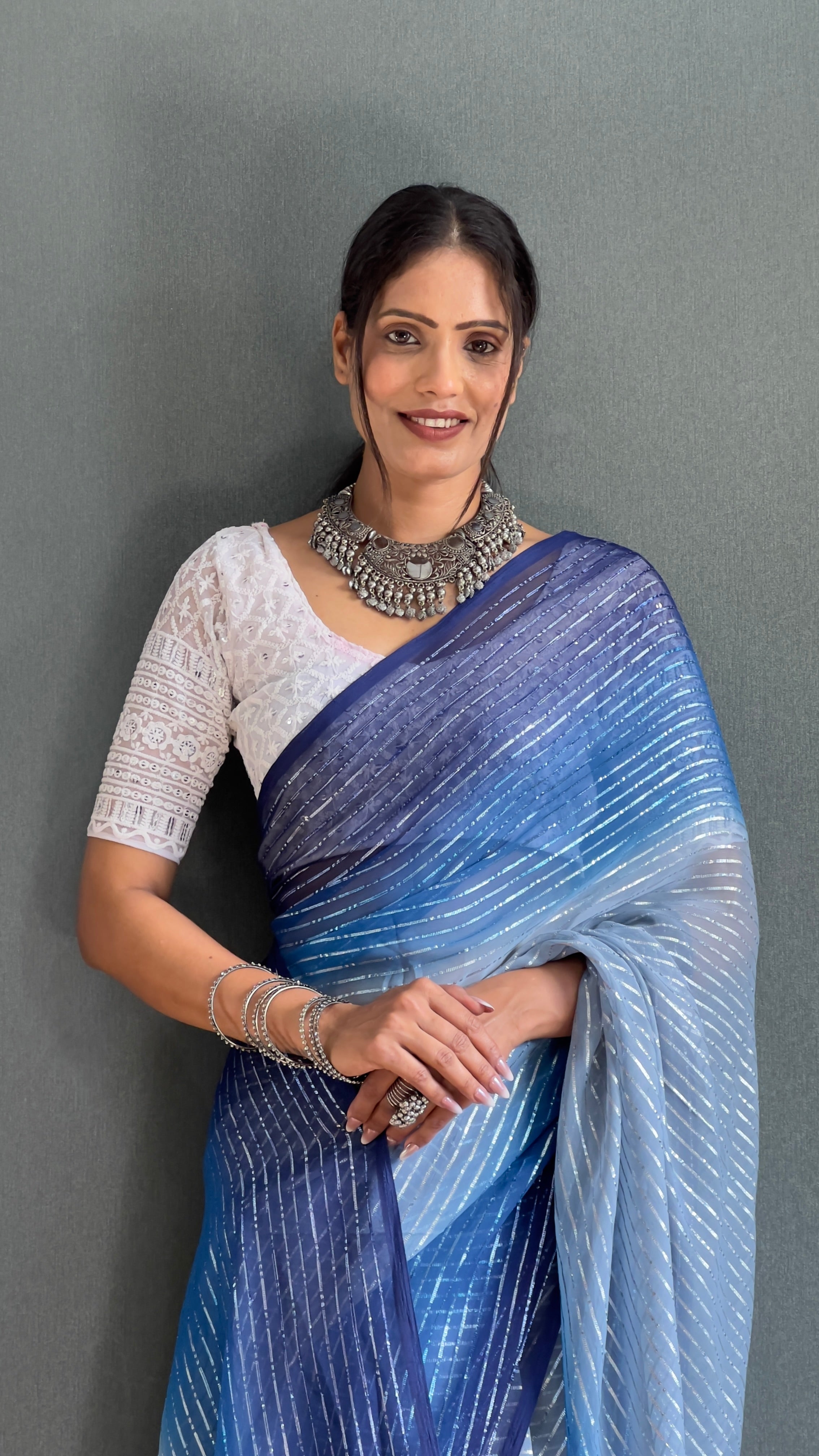 Chiffon Saree With Zari Work Patta Ready To Wear Saree