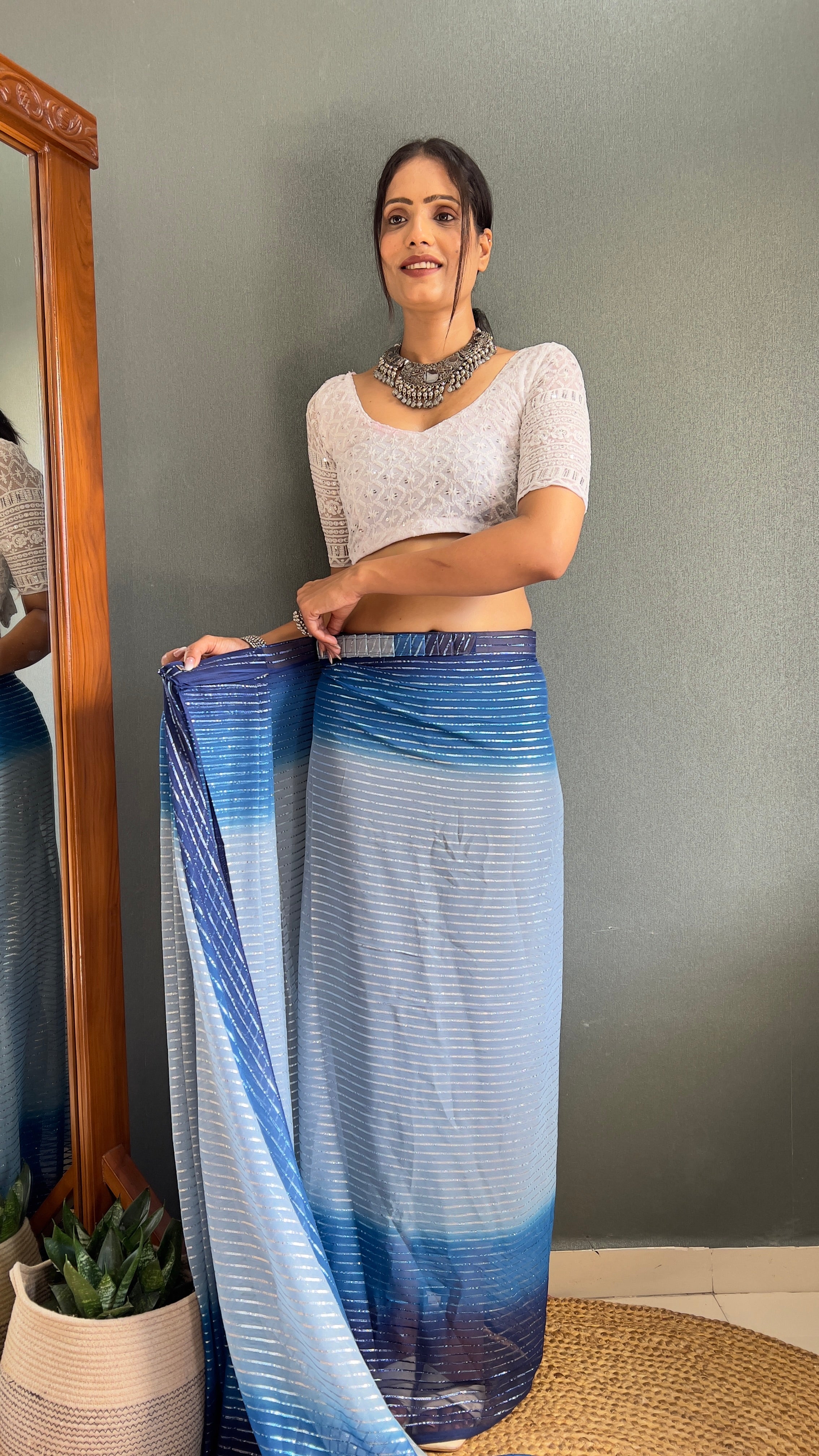 Chiffon Saree With Zari Work Patta Ready To Wear Saree