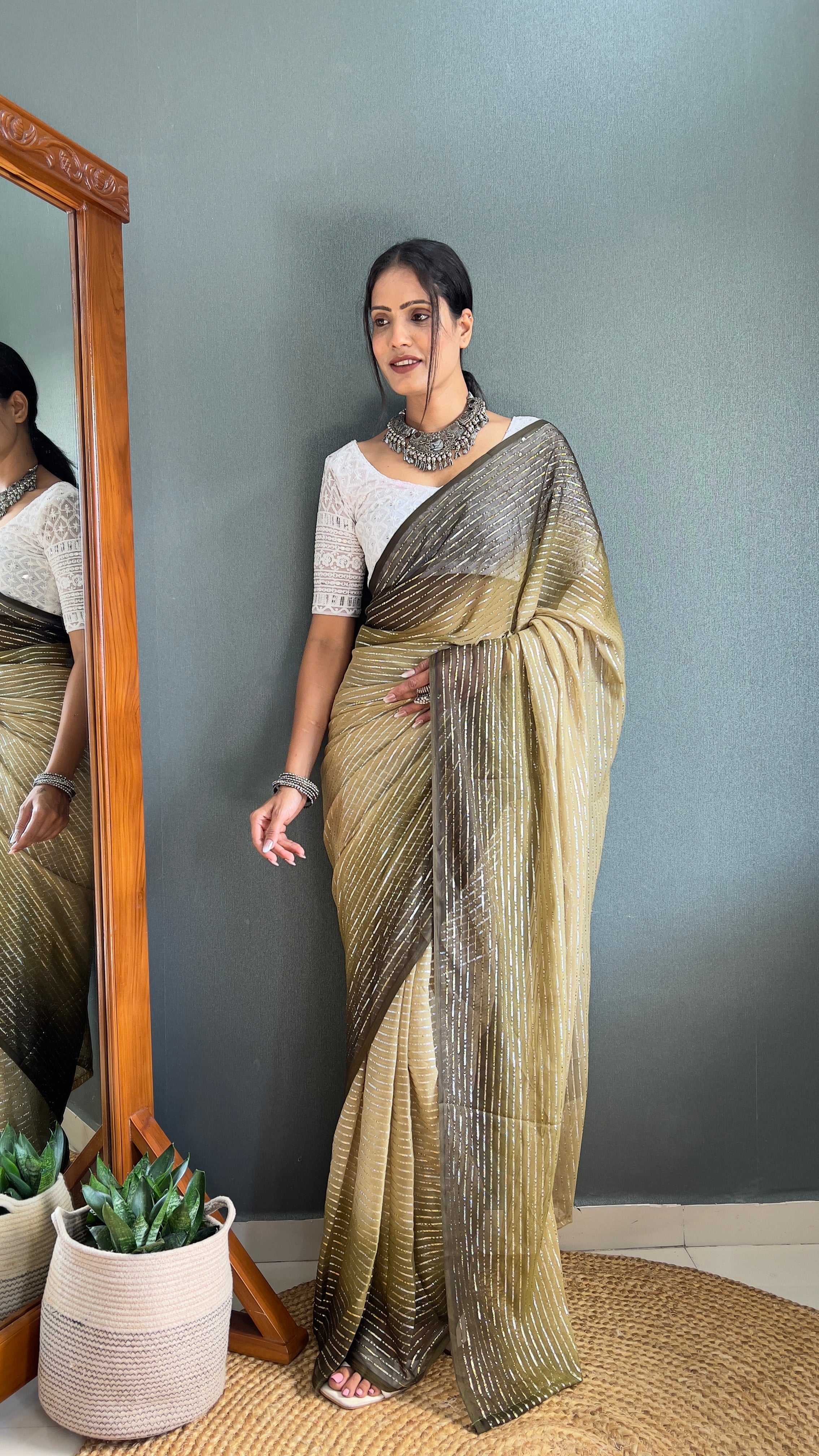 Chiffon Saree With Zari Work Patta Ready To Wear Saree