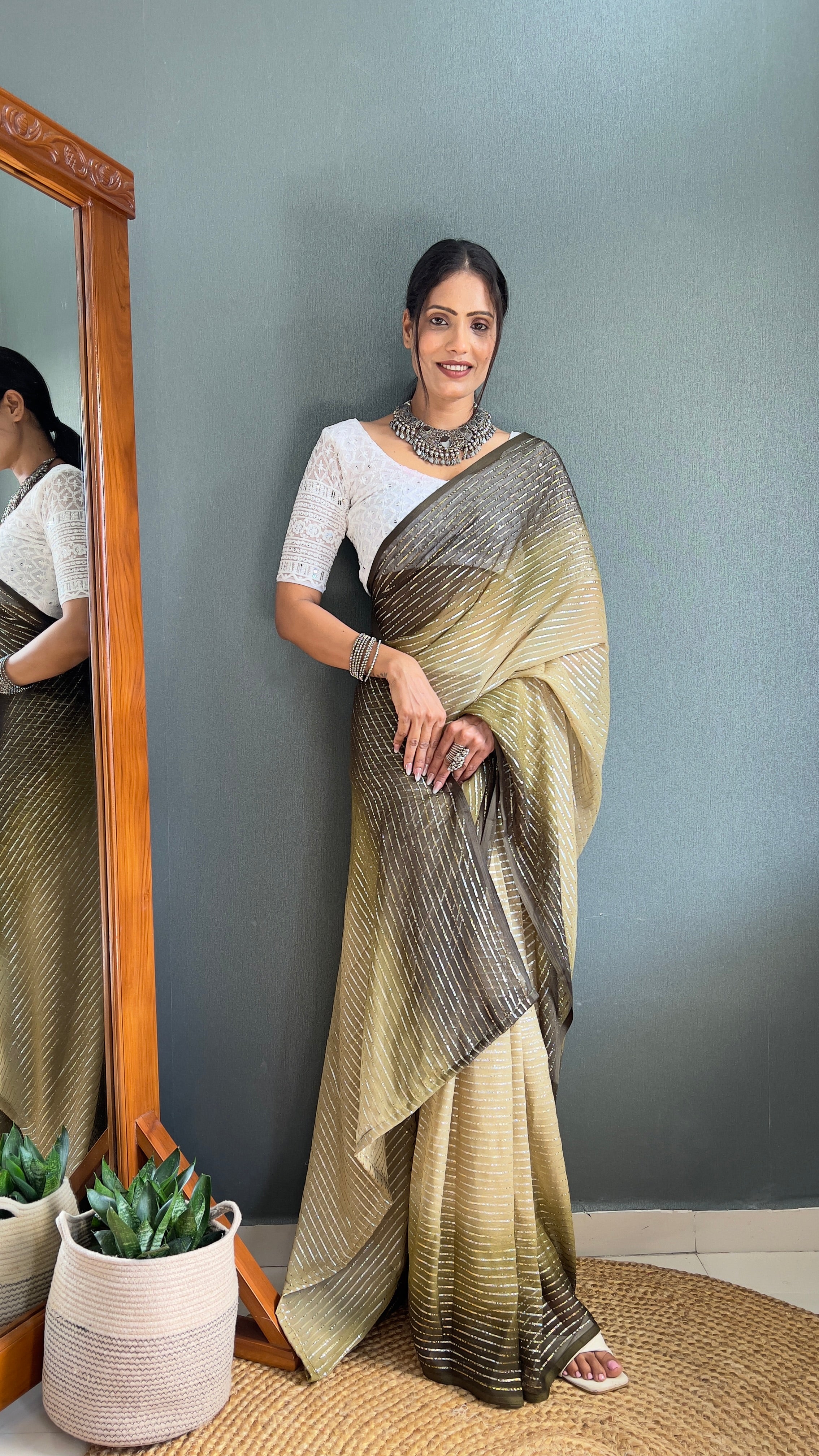 Chiffon Saree With Zari Work Patta Ready To Wear Saree